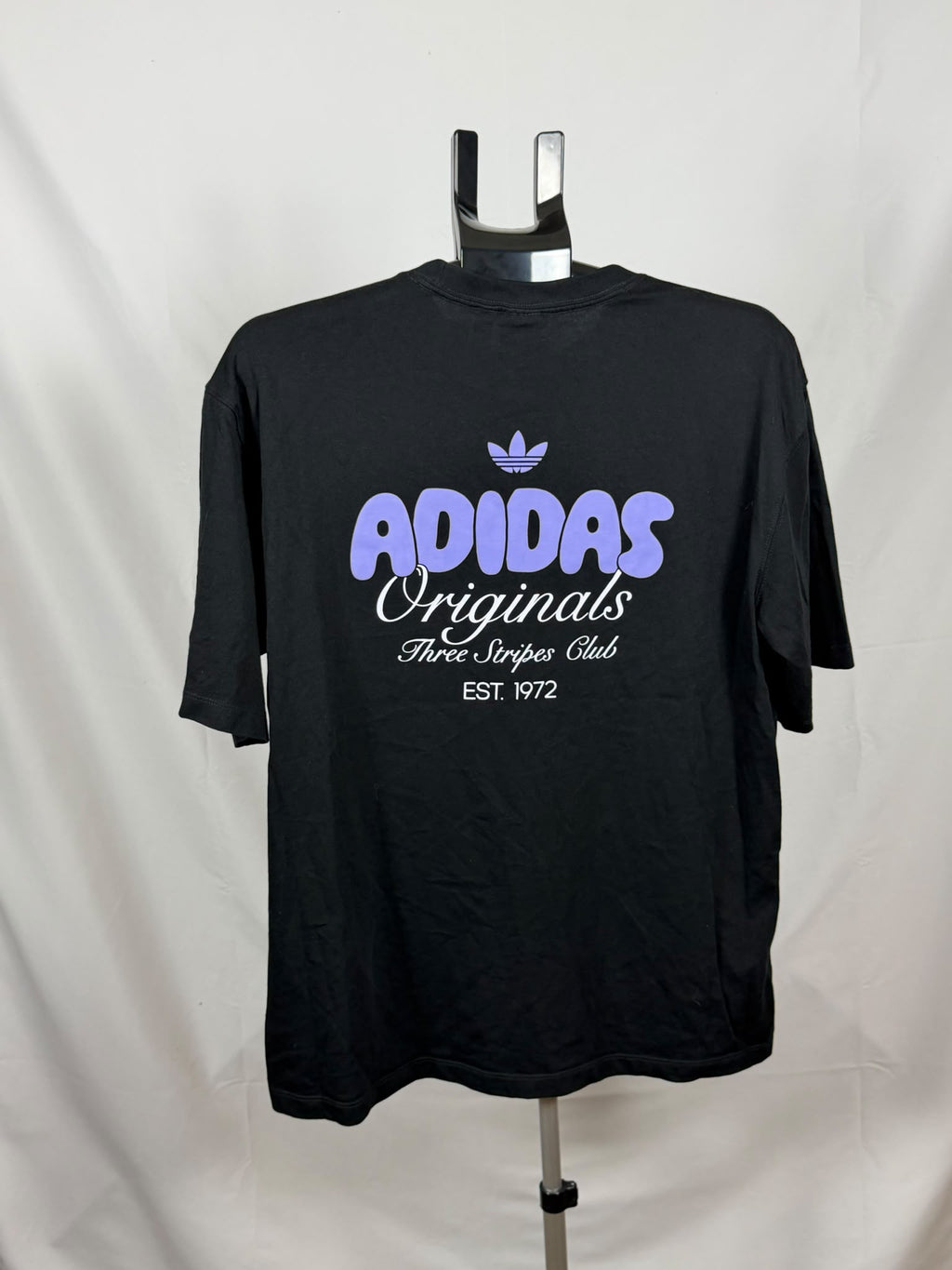 black adidas 4.0 Stretch Logo Short-Sleeve Tee featuring a collegiate purple trefoil logo(S)